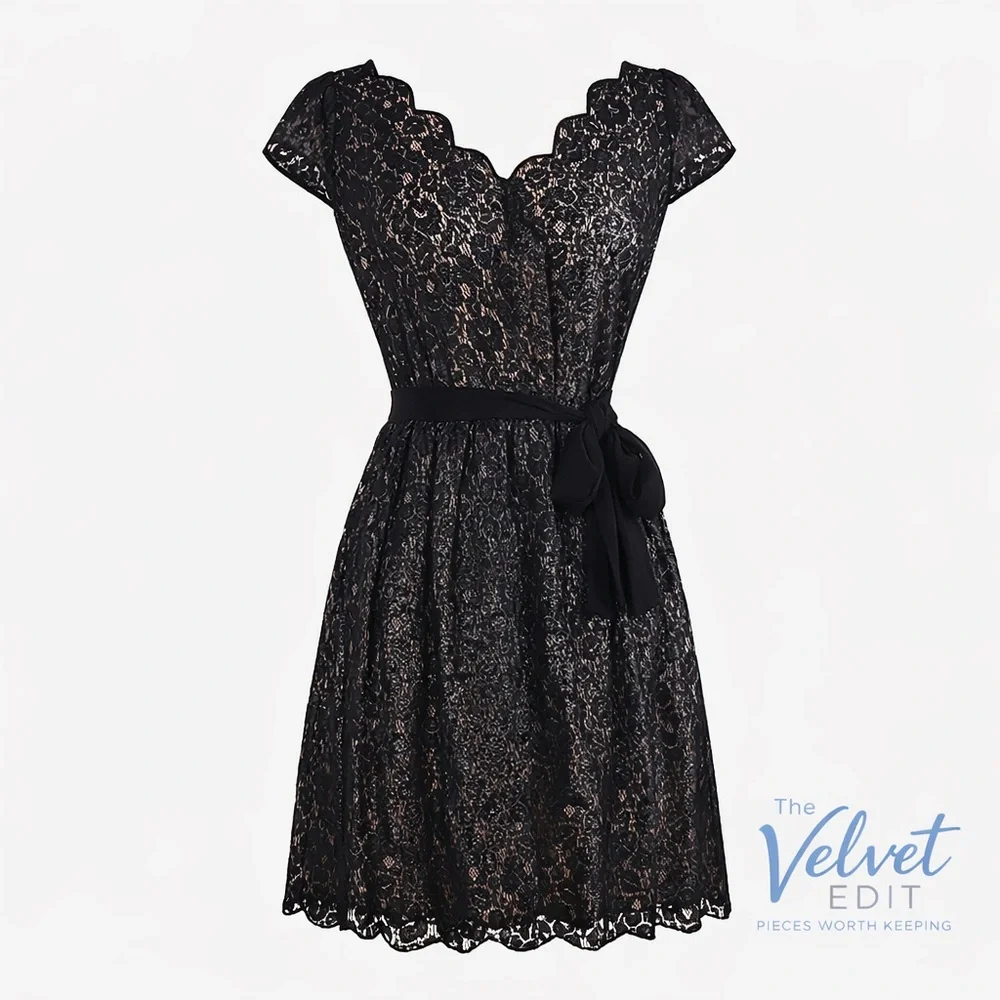 Elle Black Lace Fit & Flare Dress Size 4 | Scalloped Hem Cocktail Party - Picture 1 of 2